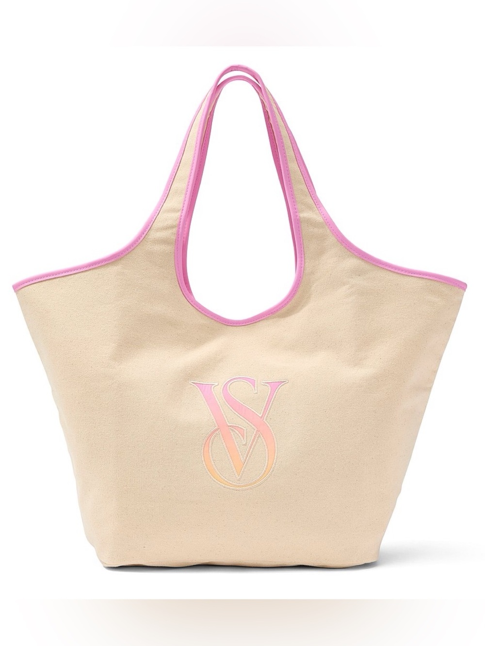 Victoria's Secret Ombre Monogram Logo Canvas Tote Bag Beige Pink Trim Large NWT